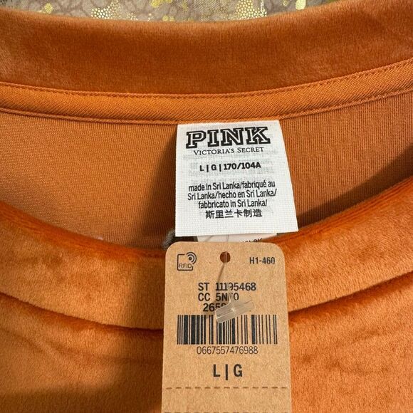 PINK Victorias Secret Cinnamon Spice Velour Orange Varsity Crew Sweater L NWT - Picture 3 of 10